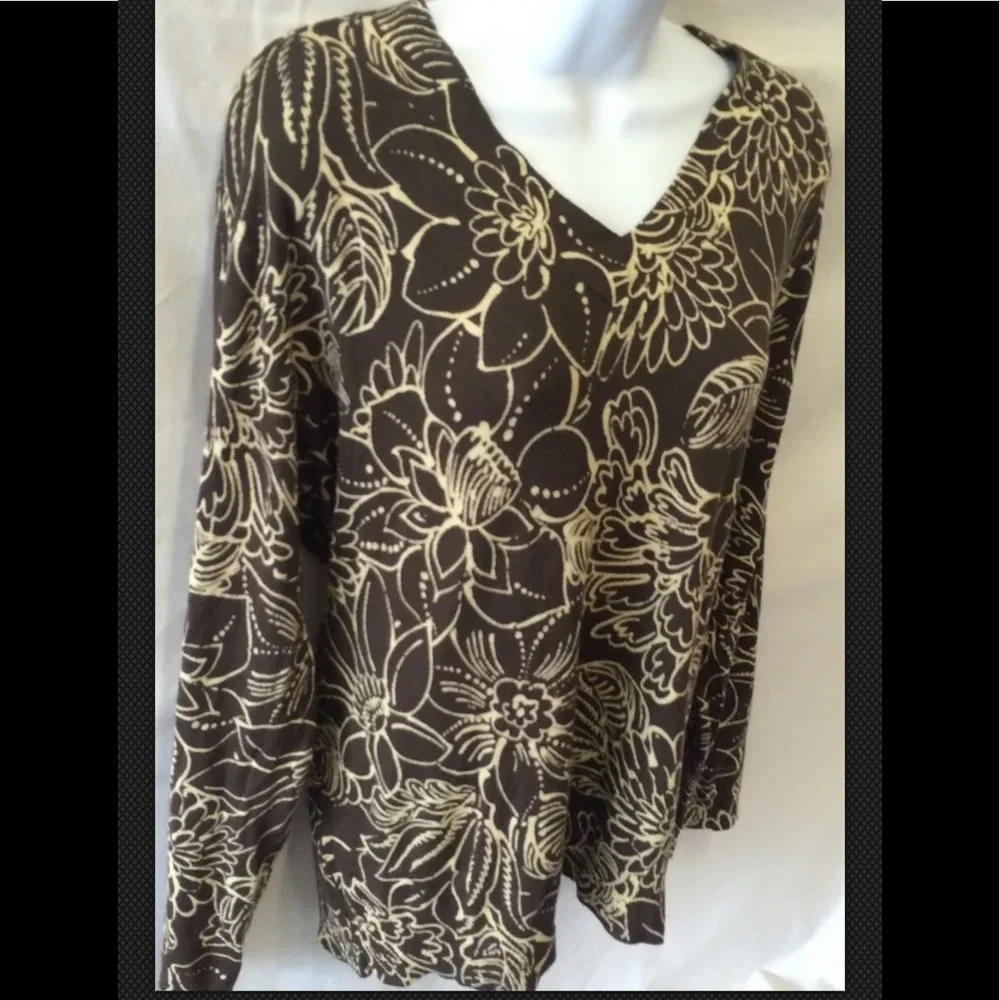 CHICOS Sweater Top V Neck Brown Gold Soft Floral Long Sleeve